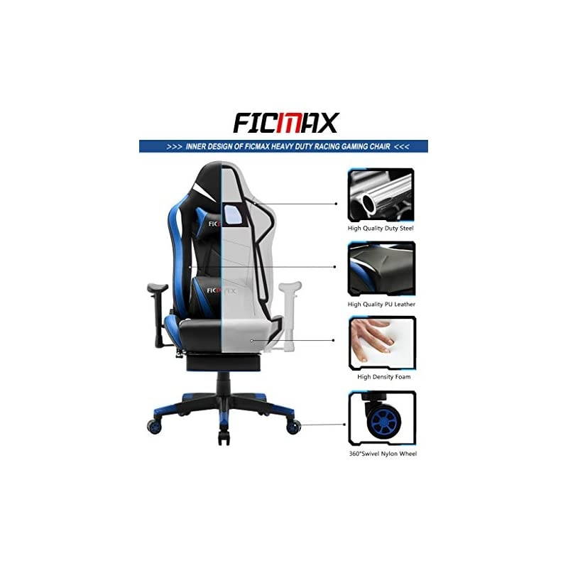 Ergonomic Massage Gaming Chair Reclining Racing Office Chair High Back PU Leather Computer Desk Chair with Footrest Big and Tall E-Sports Chair with Headrest and Lumbar Support (Blue)