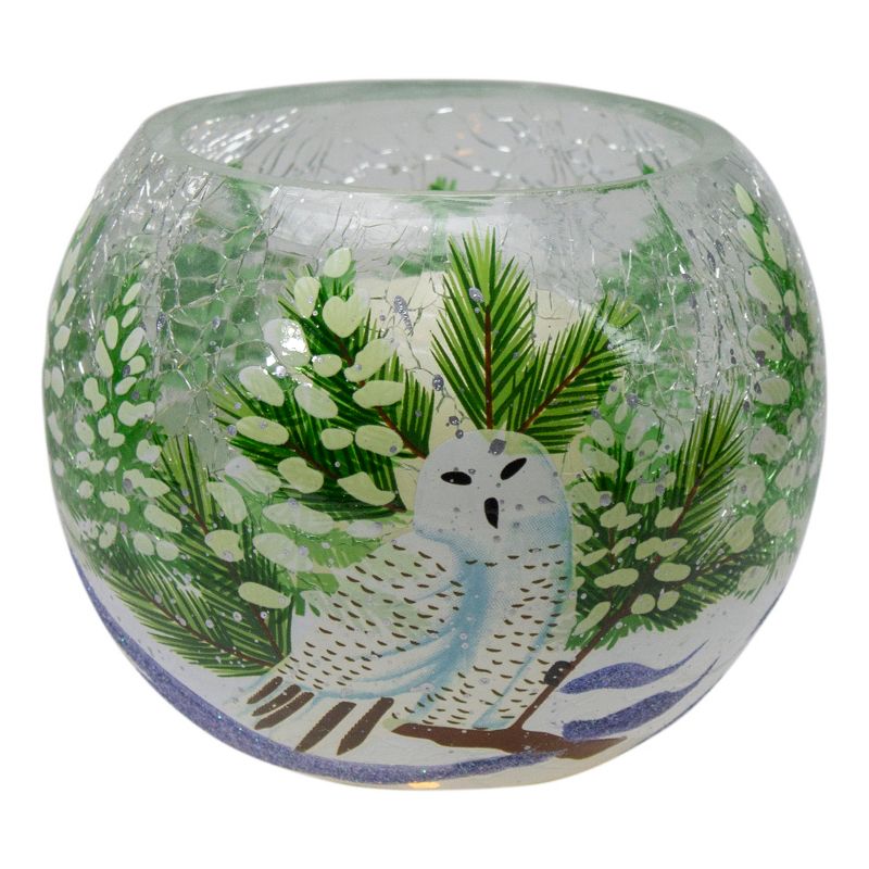 Northlight 4" Hand Painted Owl and Pine Trees Glass Tealight Christmas Candle Holder