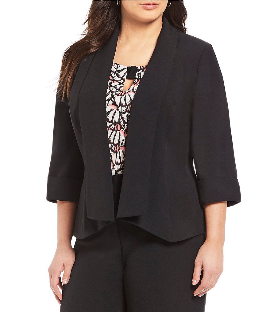 Kasper Plus Size Stretch Crepe Stand Combo Collar One Button Jacket