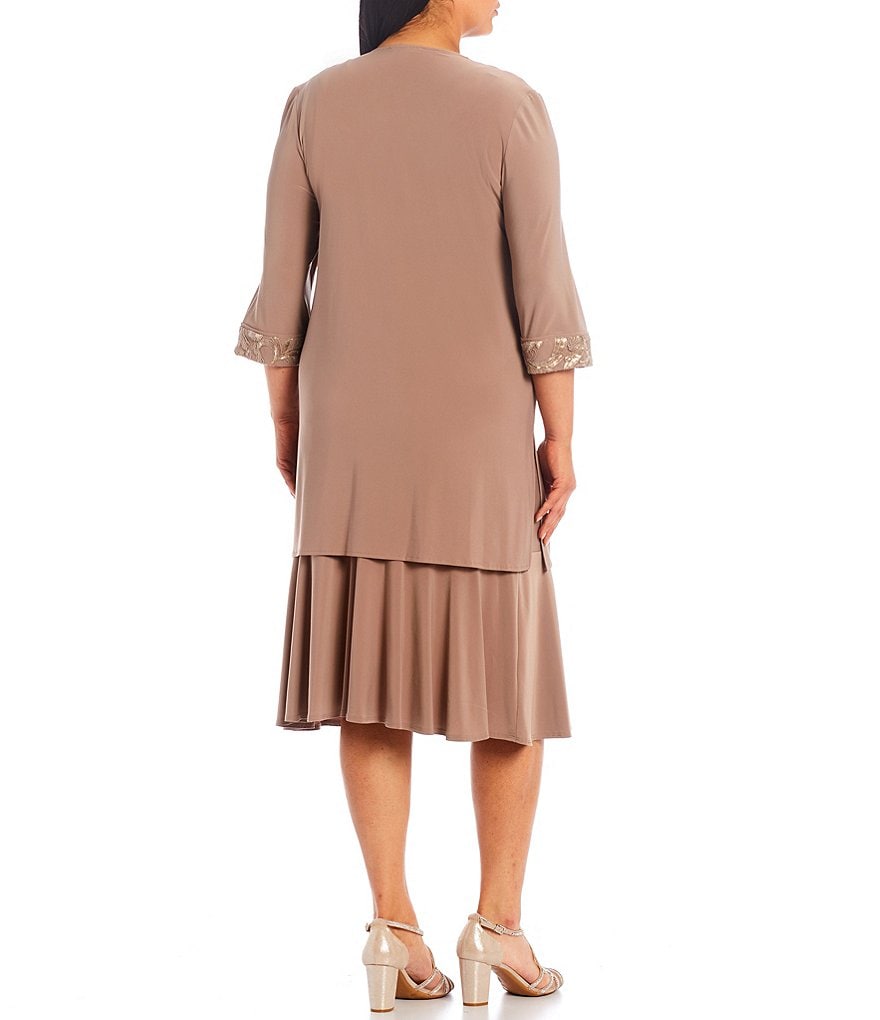 Le Bos Plus Size Round Neck 3/4 Sleeve Embroidered Trim 2-Piece Duster Jacket Dress