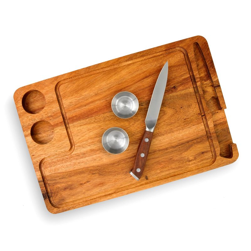 Yukon Glory Premium 100% Acacia Steak Board Set with Juice Groove, Steak Knife, and Condiment Cups