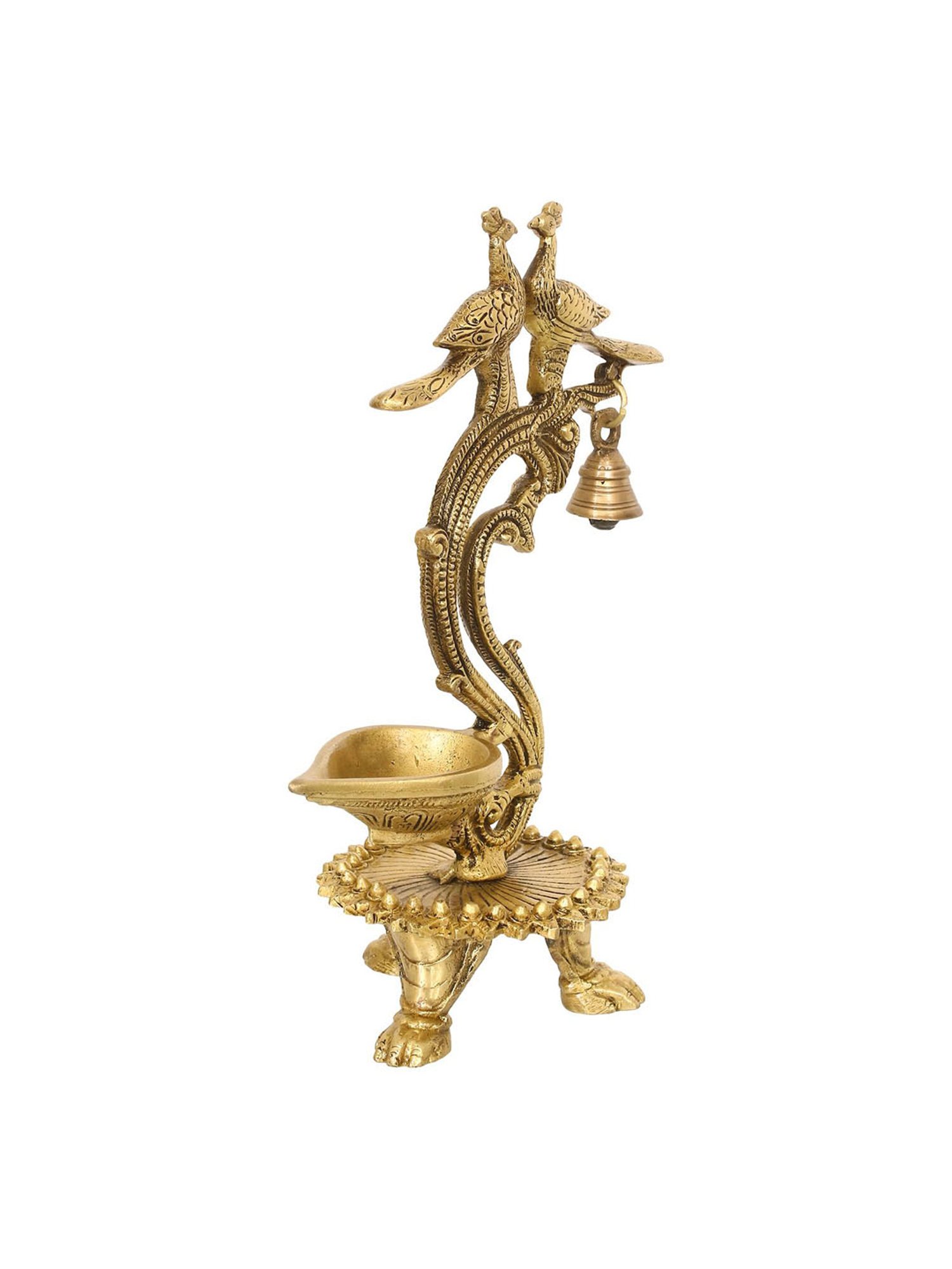 eCraftIndia Antique Finish Decorative Handcrafted Brass Peocock Couple Diya with Bell and Stand