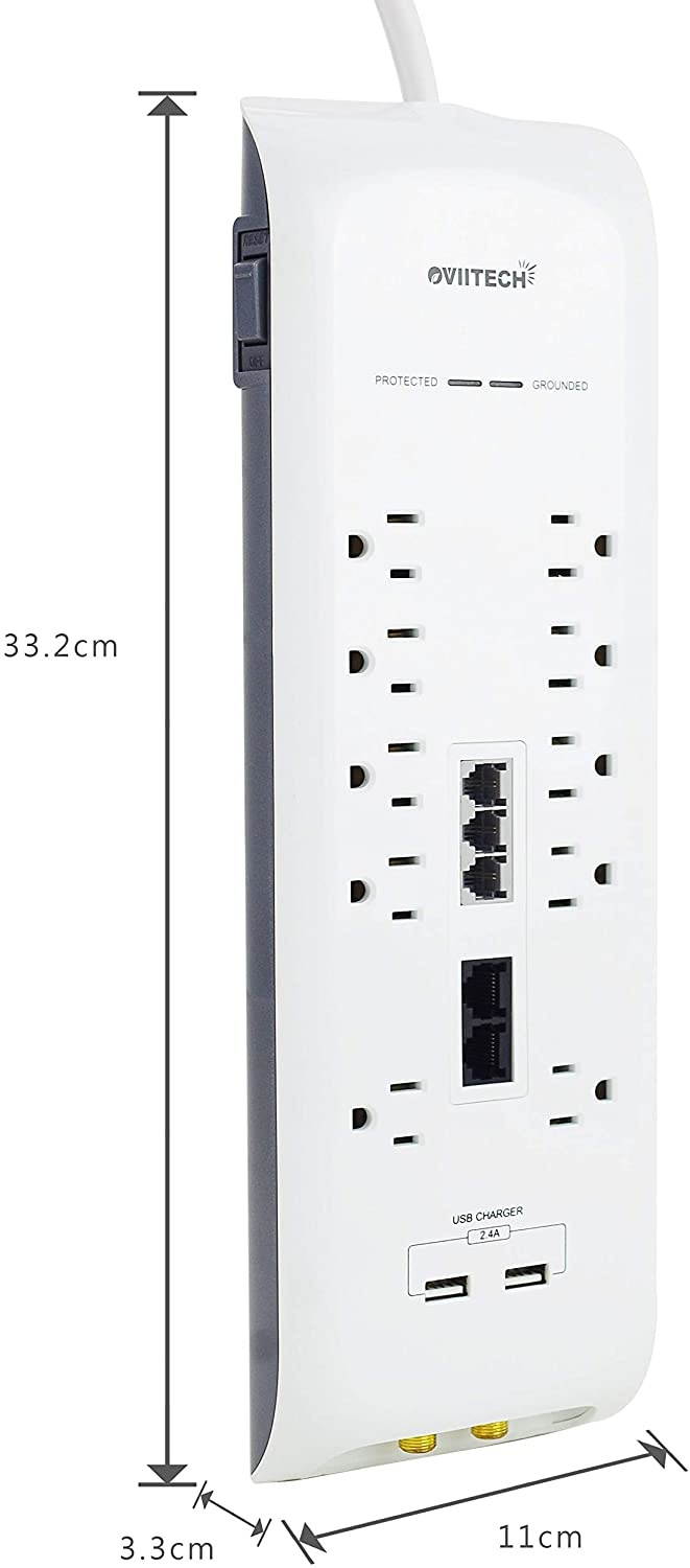 Oviitech 4200 Joules Surge Protector, 10 Outlet All-in-One Power Strip with 2 USB Charging Ports(2.4A Total),Phone/Ethernet/Coaxial Protection with 6 Foot Heavy Duty Extension Cord, White,ETL Listed.