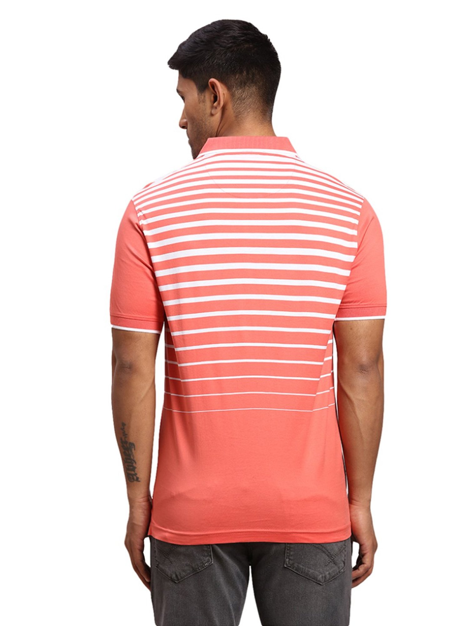 Colorplus Orange Cotton Tailored Fit Striped Polo T-Shirt