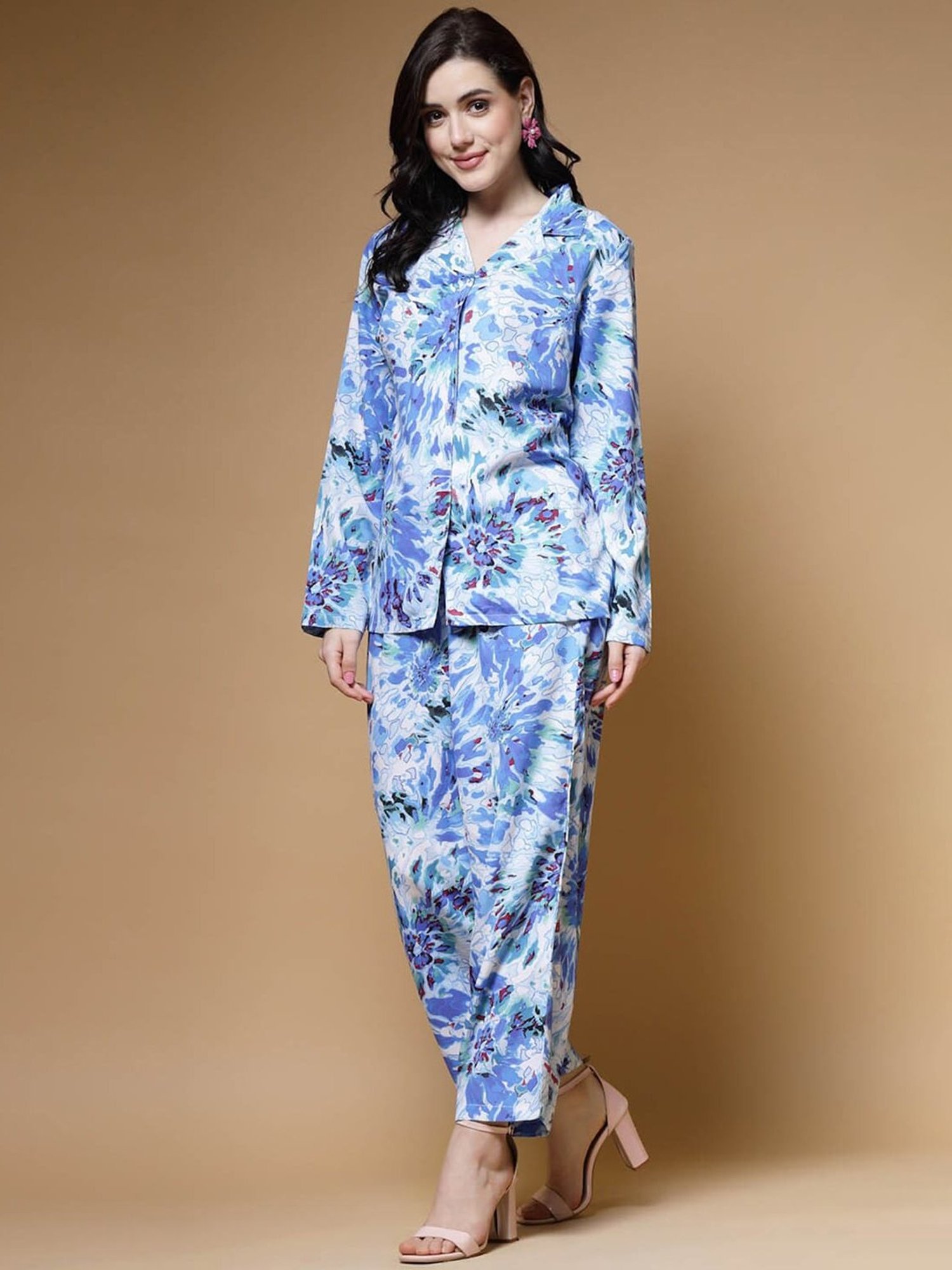 Melon by PlusS Blue Printed Shirt Pant Set
