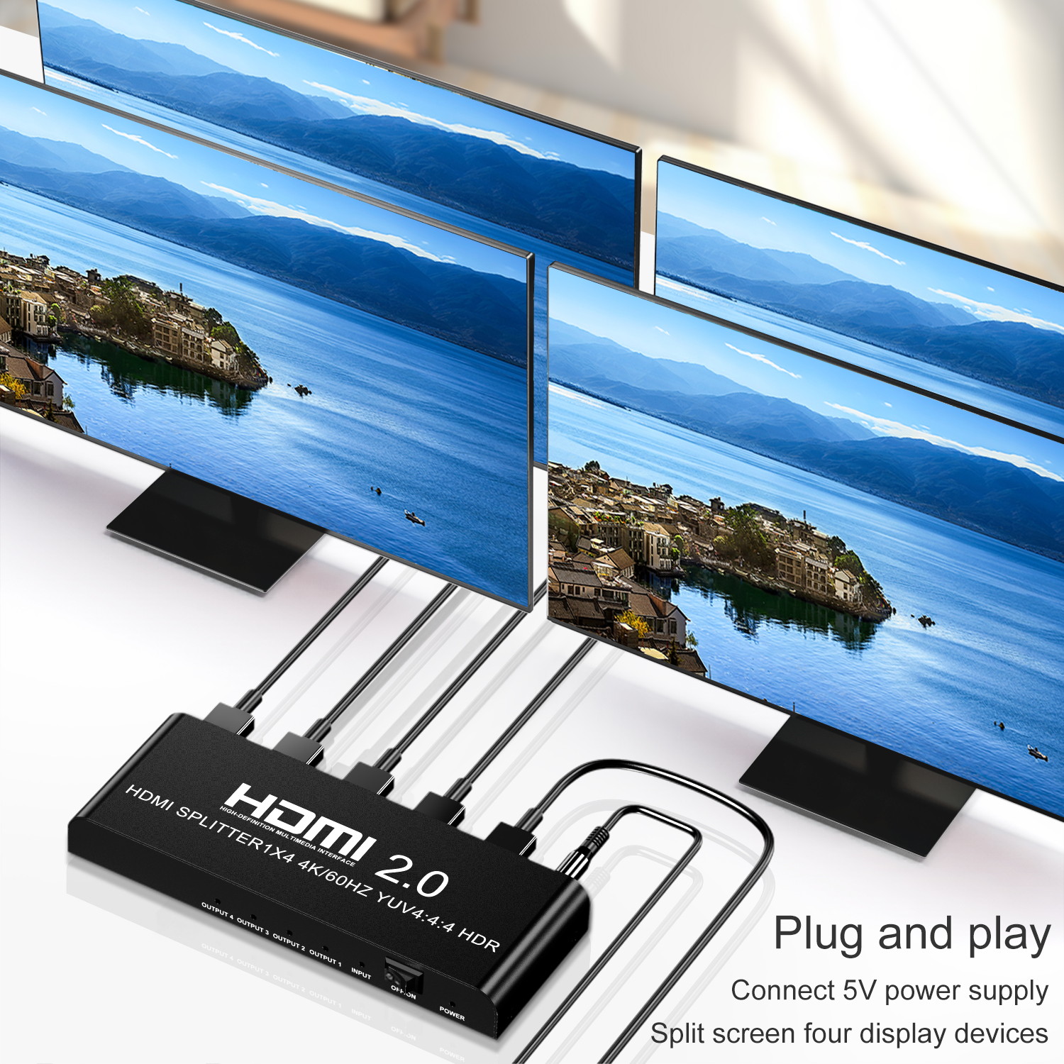 4K@60fs HDMI Splitter 1x4 HDMI 2.0 Splitter 4 Display (Same Time) 3.5mm Audio Output Optical SPDIF Toslink with Power Supply for HDTV Blu-ray DVD HD-DVD Players PS3 PS4 XBOX PC laptop