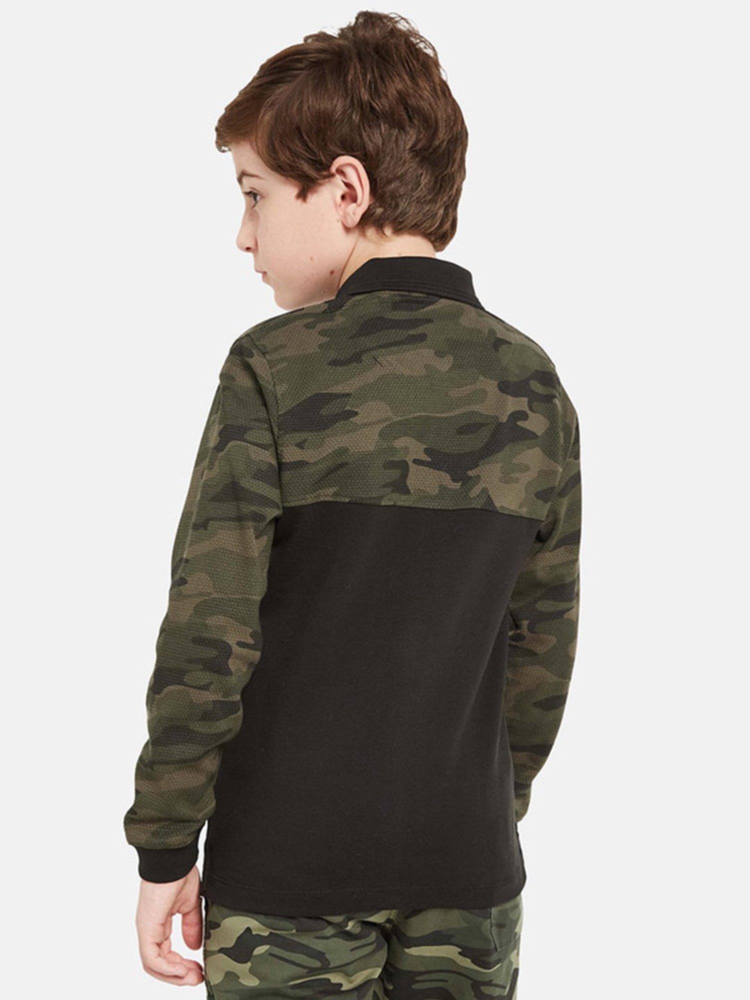 Octave Kids Black Camouflage Full Sleeves Polo T-Shirt