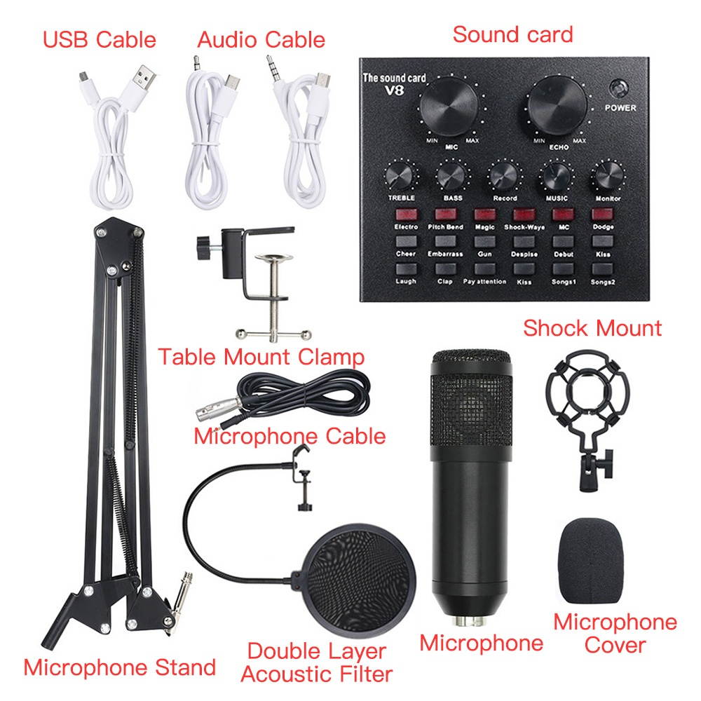Multi-functional Live Sound Card + Microphone Kit Suspension Transmission Recording Condenser Microphone Set (Black & Silver)