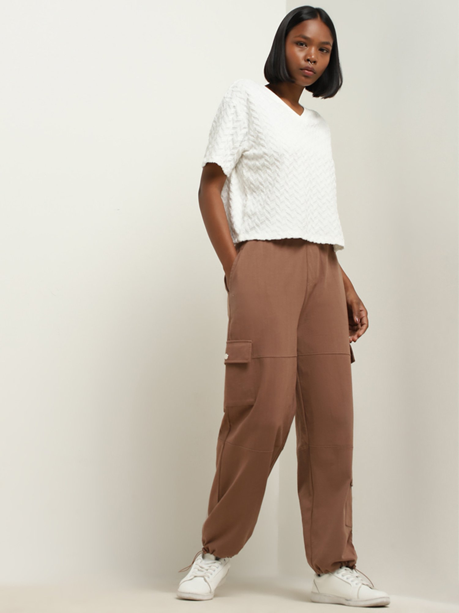 Studiofit by Westside White Chevron Textured Cotton Blend T-Shirt