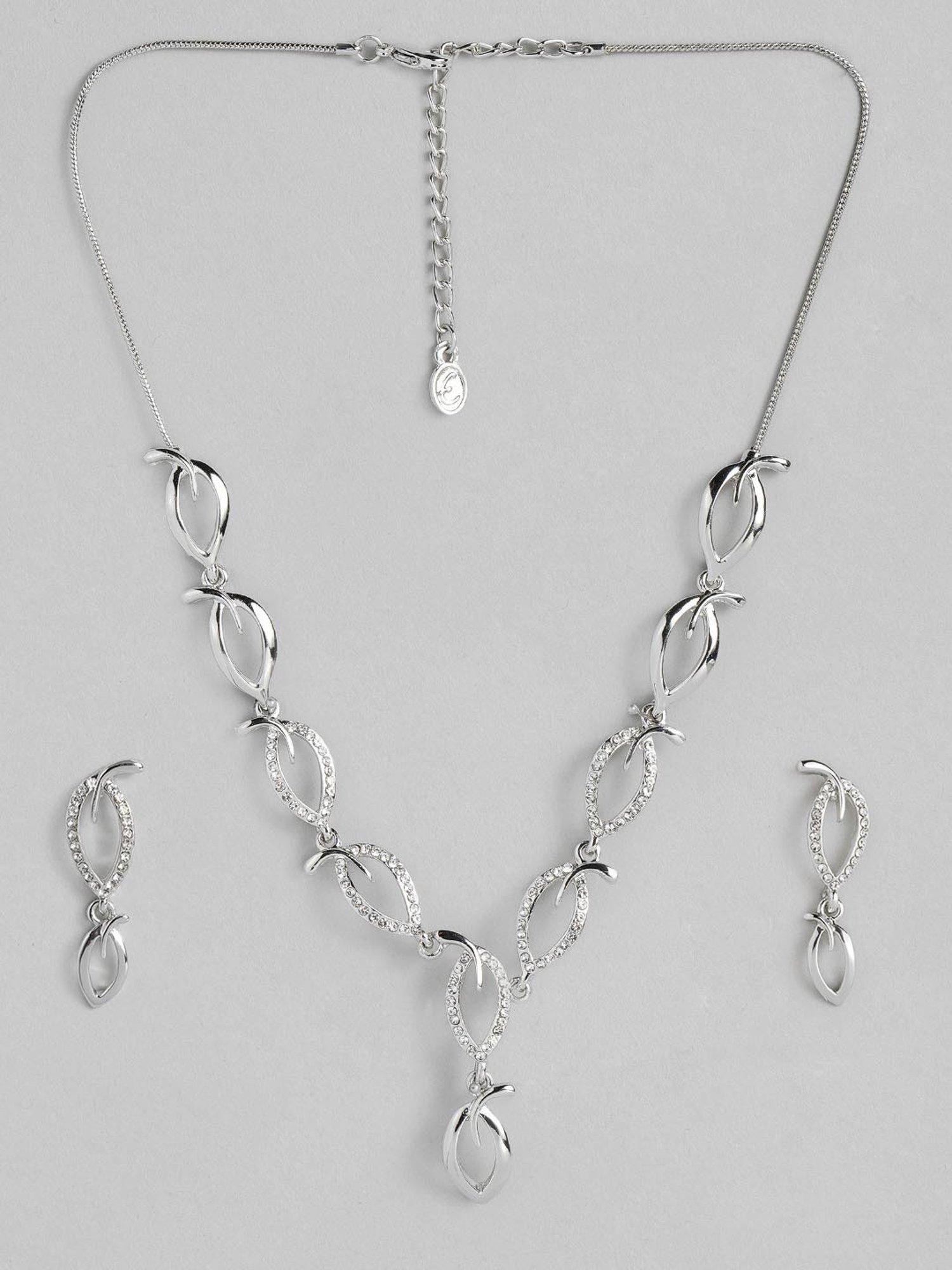 Estele Rhodium-Plated Leafy Necklace & Earring Set with Crystals for Women