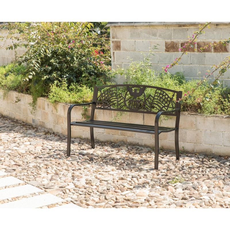 Gardenised Steel Outdoor Patio Garden Park Bench with Cast Iron "American Flag" Backrest