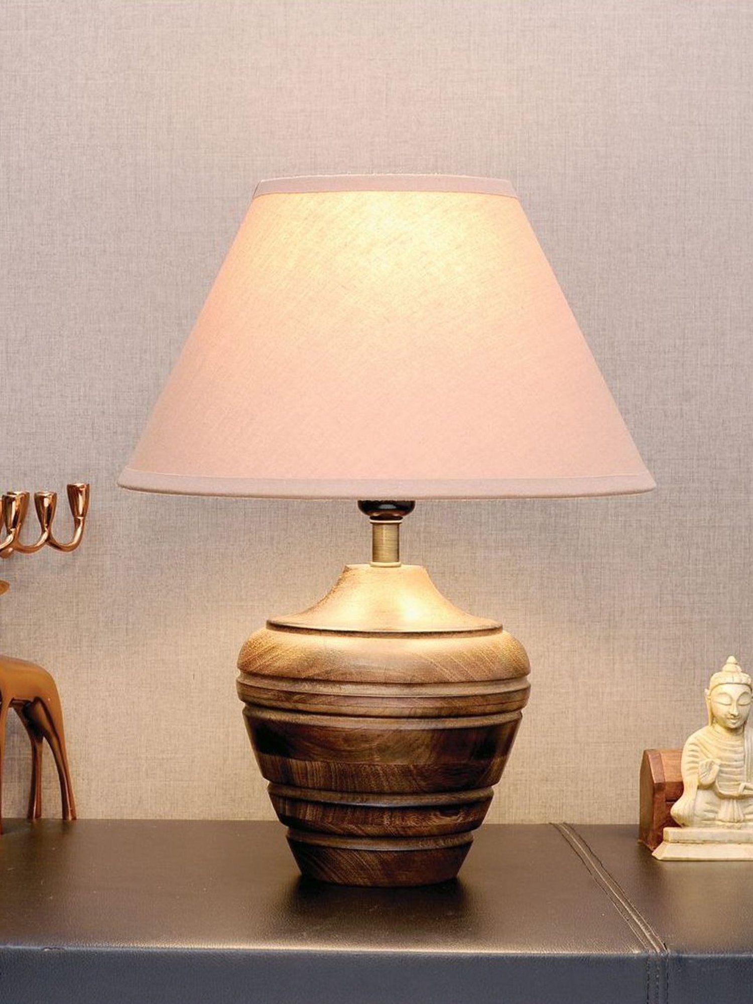 Kapoor Lamp Shades Brown & Pink Wood Knepp Mini Carved Table Lamp