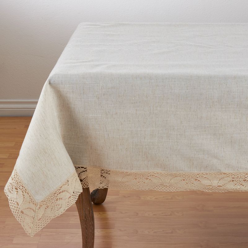 Saro Lifestyle Poly And Linen Blend Tablecloth With Embroidered Lace Design, 72"x72", Natural, Square