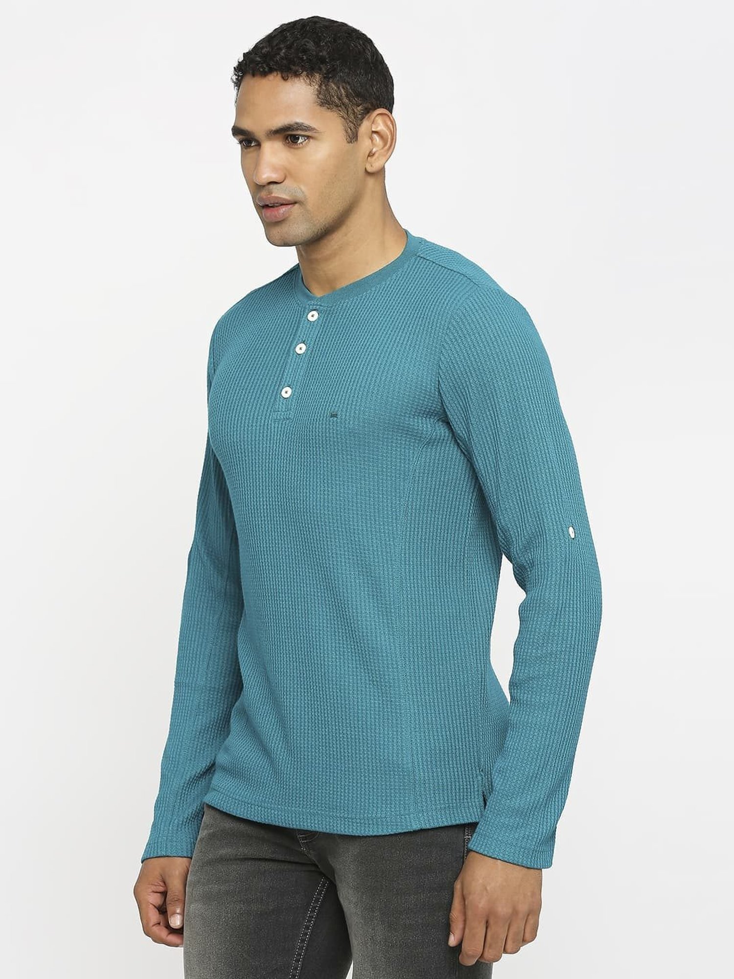 Basics Green Cotton Muscle Fit Texture Henley T-Shirt