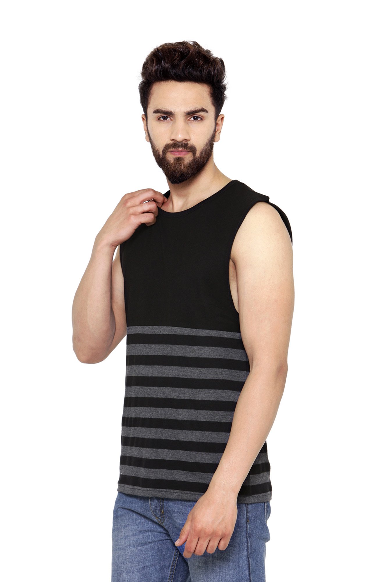 Hypernation Black & Grey Striped Sleeveless T-Shirt