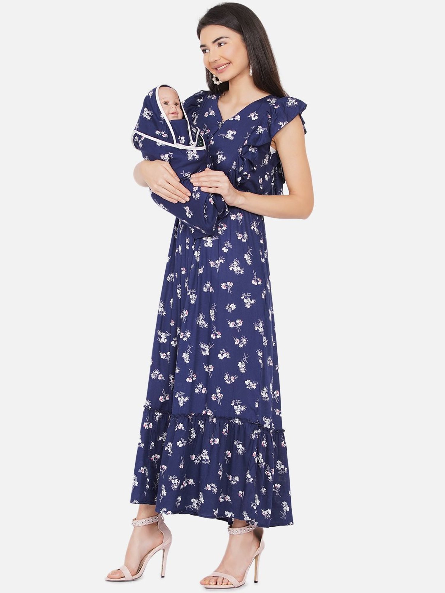 Mine4Nine Navy Floral Print Maxi Maternity Dress For Mom With Matching Baby Wrapper
