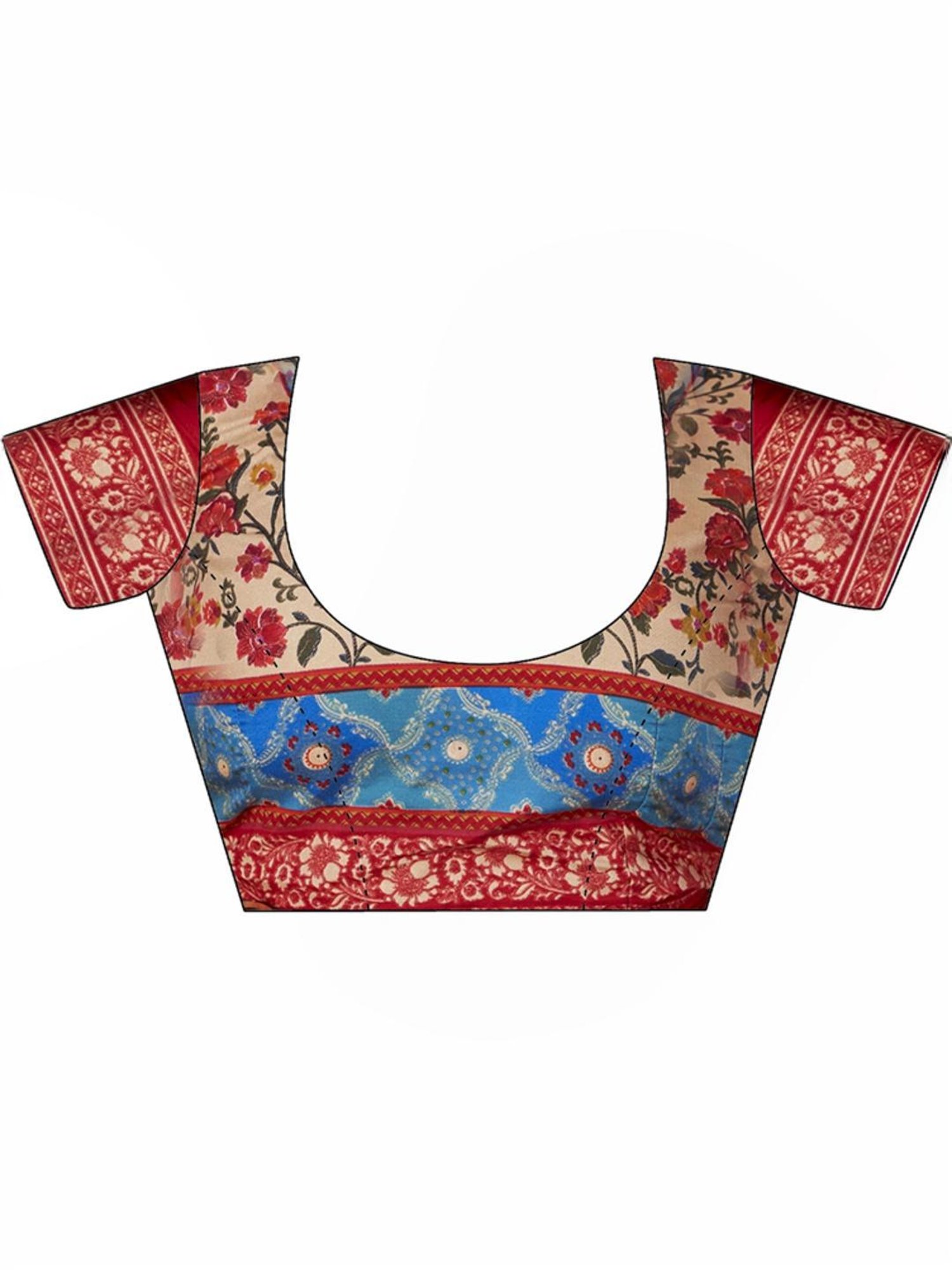 Satrani Blue & Red Printed Saree With Unstitched Blouse