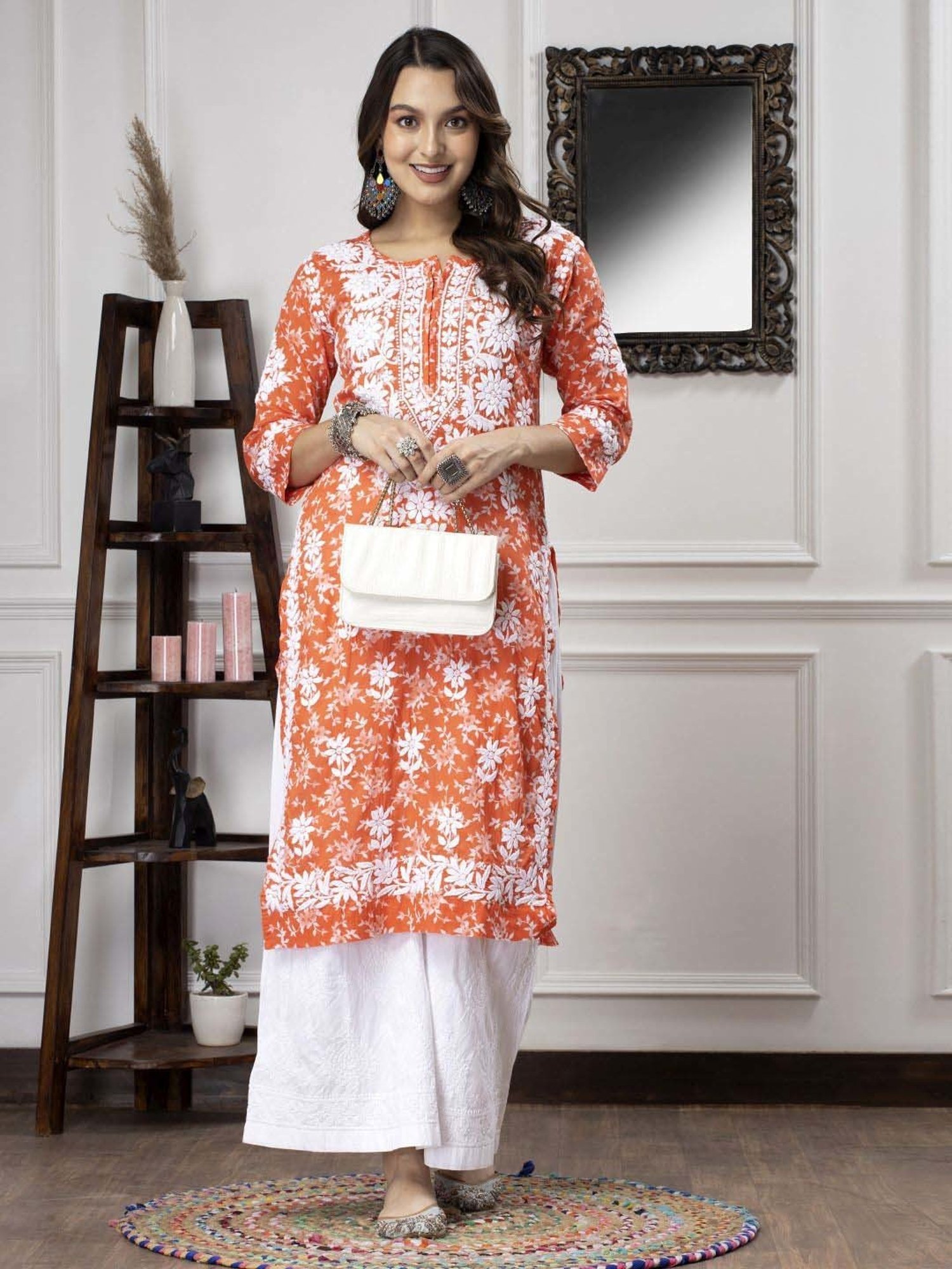 PARAMOUNT CHIKAN Neon Orange Cotton Chikankari Straight Kurta