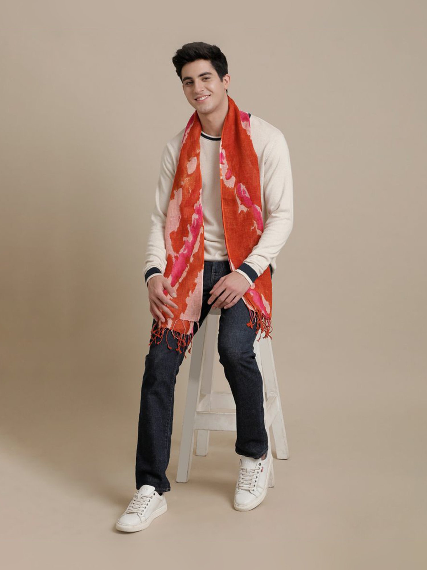 Linen Club Pink Printed Pure Linen Stole