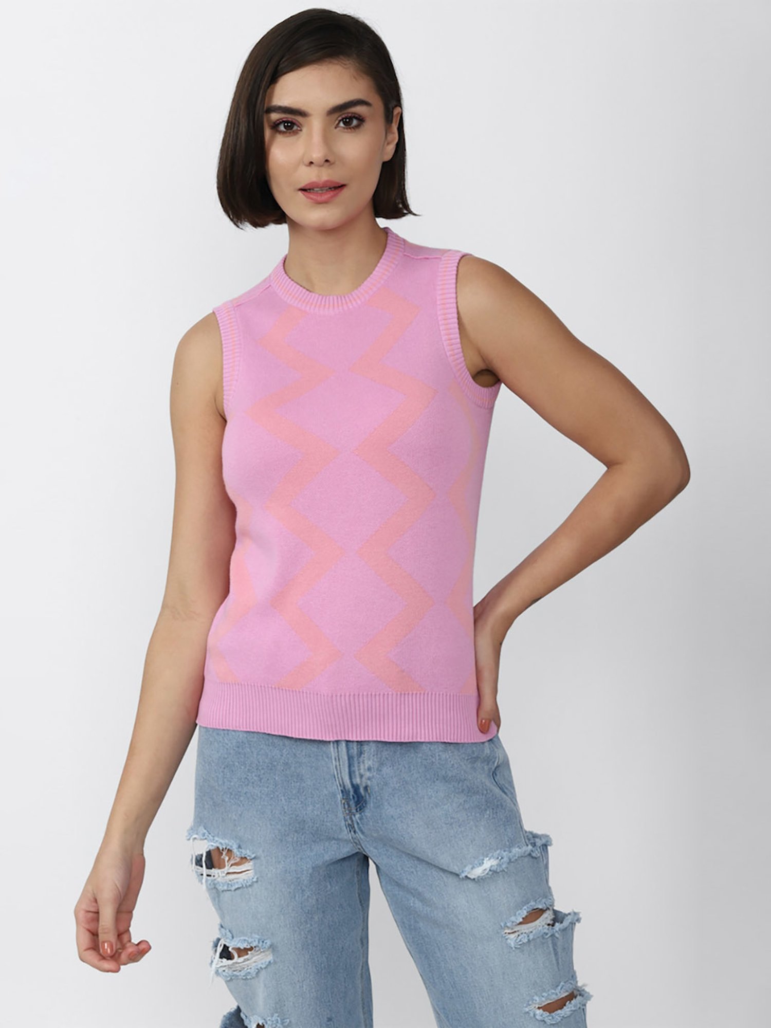 Forever 21 Pink Cotton Geometric Print Sweater Vest