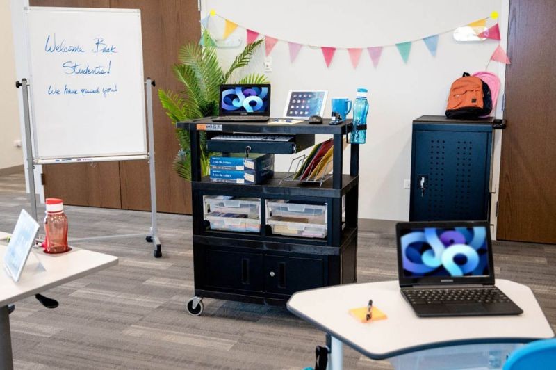 Luxor 32" x 18" Deluxe Teacher Utility Cart with Locking Cabinet, Storage Bins, Keyboard Tray, Pocket Chart Hooks and Cup Holder - Black