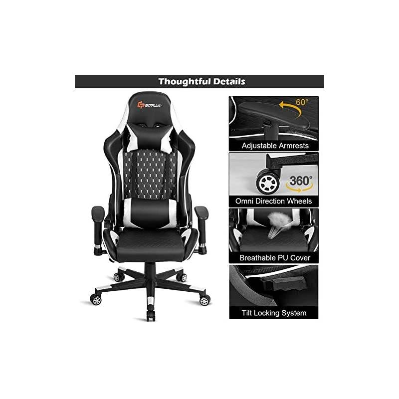 Massage Gaming Chair, Reclining Backrest Handrails and Seat Height Adjustment Racing Computer Office Chair, Ergonomic High Back Embroidered PU Swivel Game Chair with Headrest and Lumbar Cushion