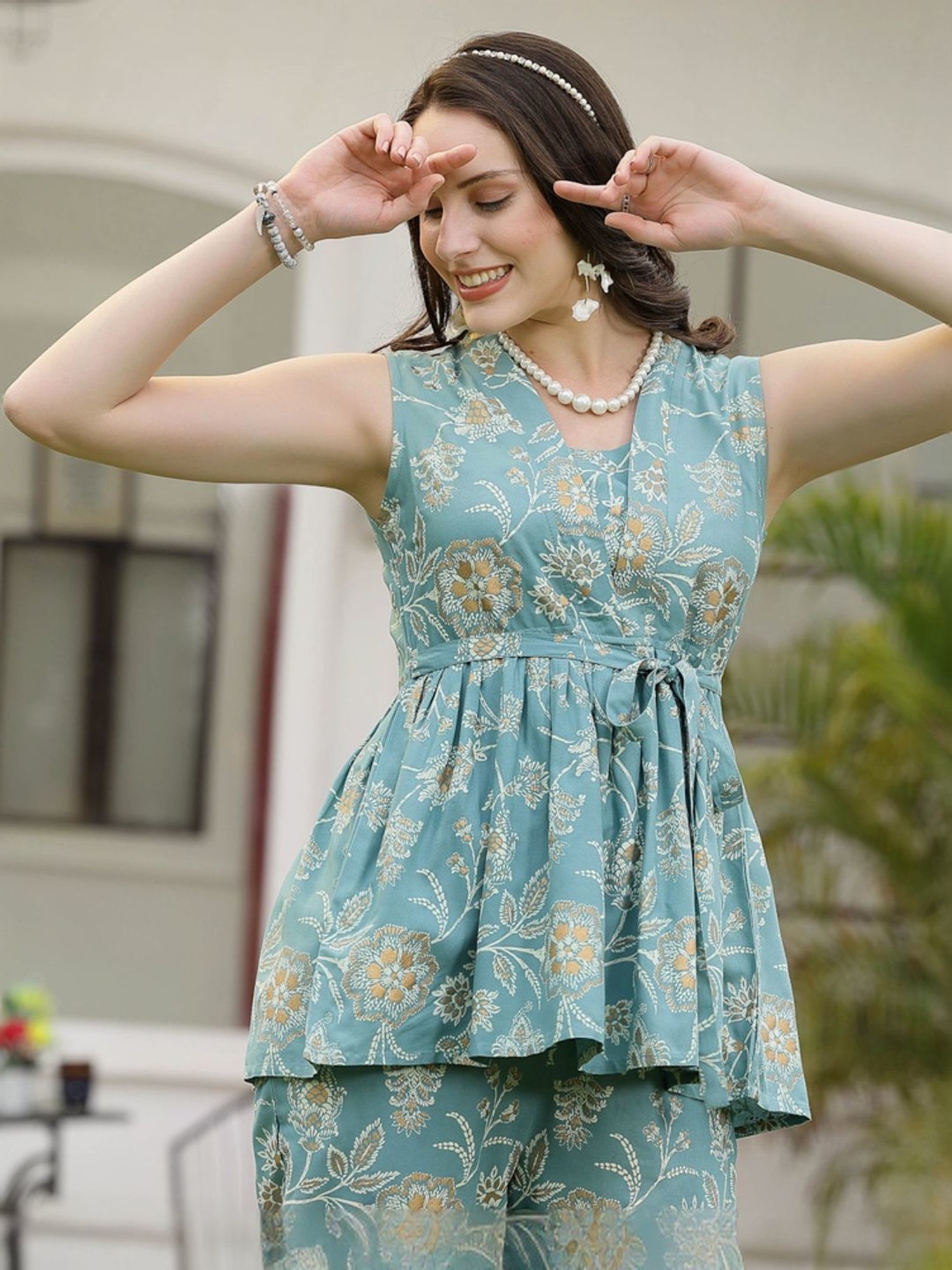 Stylum Aqua Blue Floral Print Top & Pants Set