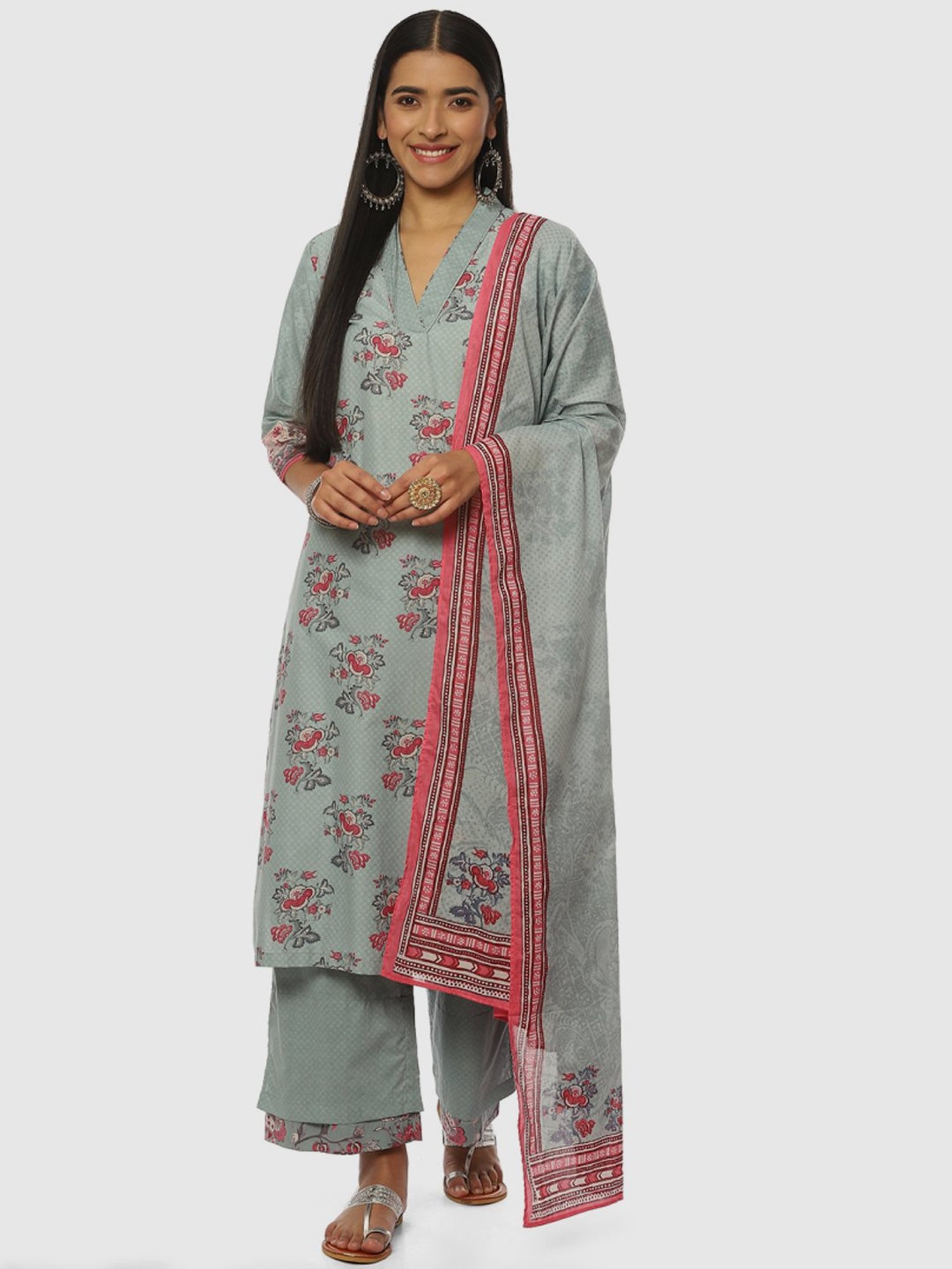 Biba Blue Cotton Printed Kurta Palazzo Set With Dupatta