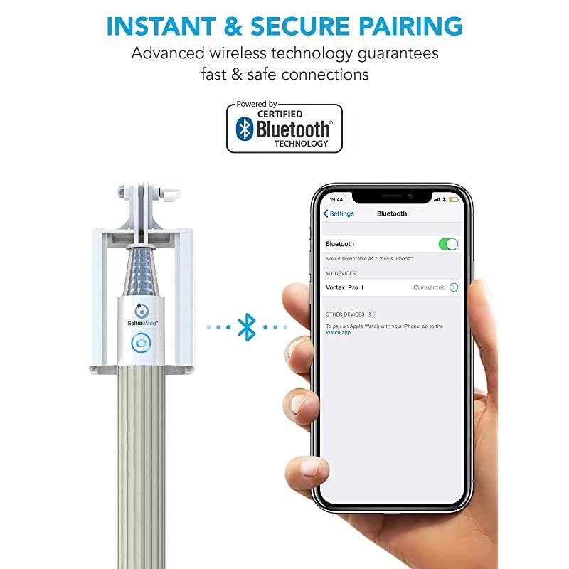Bluetooth Selfie Stick for iPhone X XR XS 11 10 X 8 7 6 5, Samsung Galaxy S10 S9 S8 S7 S6 S5 & Most Androids - Takes Perfect HD Photos in Seconds - No Apps, No Downloads, No Hassle