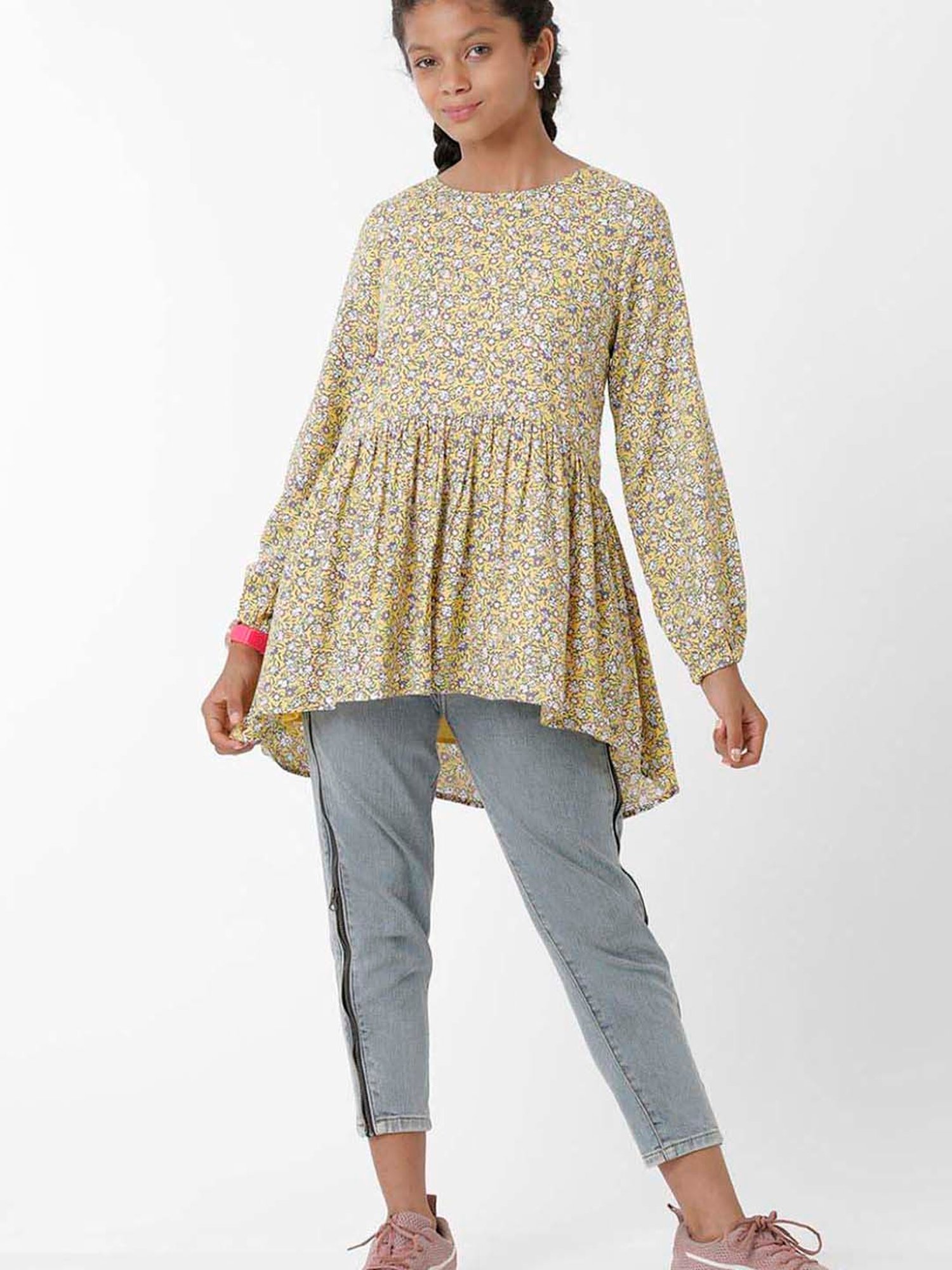 Kate & Oscar Kids Yellow Floral Print Full Sleeves Top