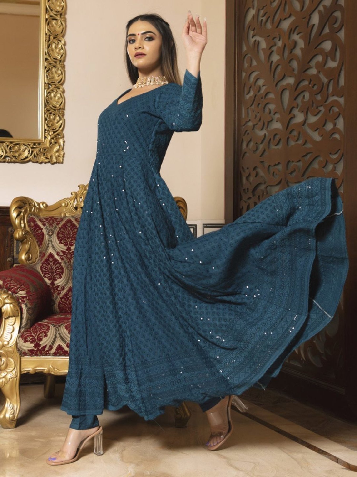 Calmna Blue Sea View Chikankari Anarkali Suit Set