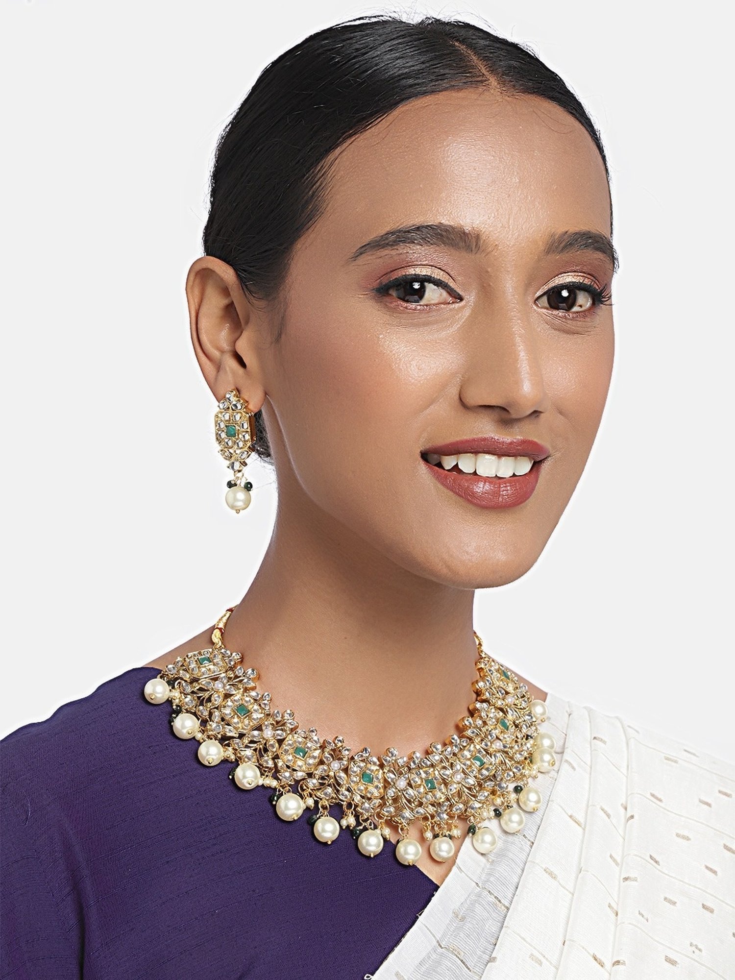 Zaveri Pearls Gold Tone Kundan & Green Stones Bridal Necklace & Earring Set-ZPFK9812