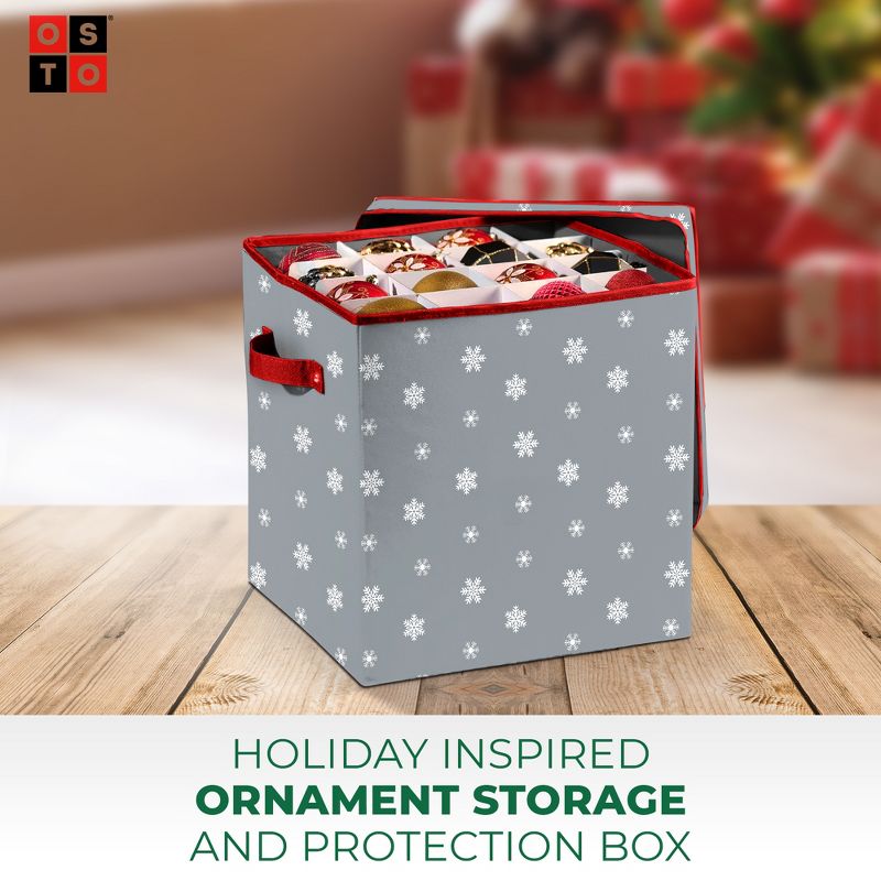 OSTO Christmas Ornament Storage Box with Lid and Holiday-Friendly Design; Fits 64 Holiday Ornaments of 3 in. Tear Proof, Waterproof 600D Polyester