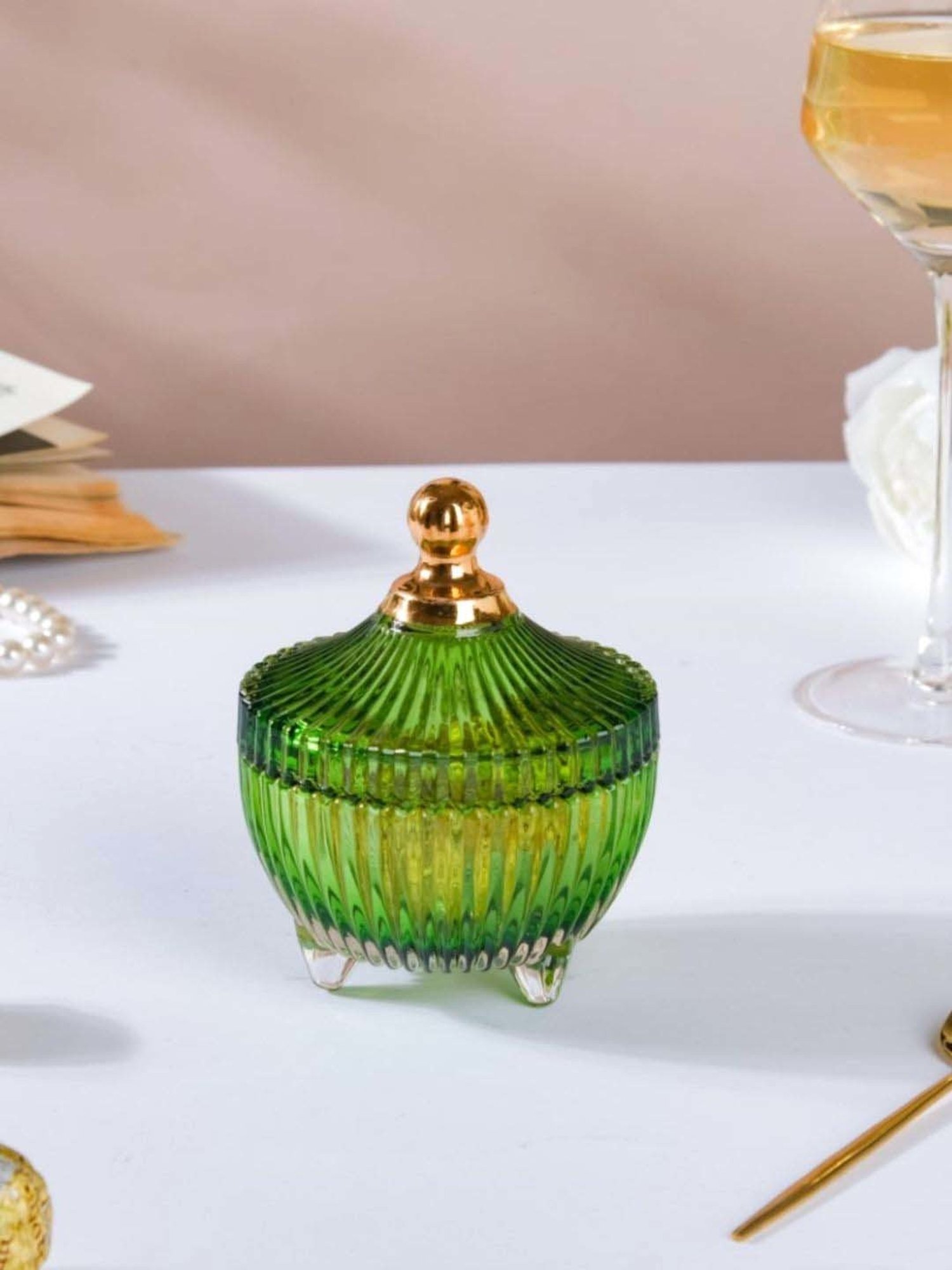 Nestasia vintage ribbed green small glass jar with knobbed Lid for housewarming Party (100 ml)
