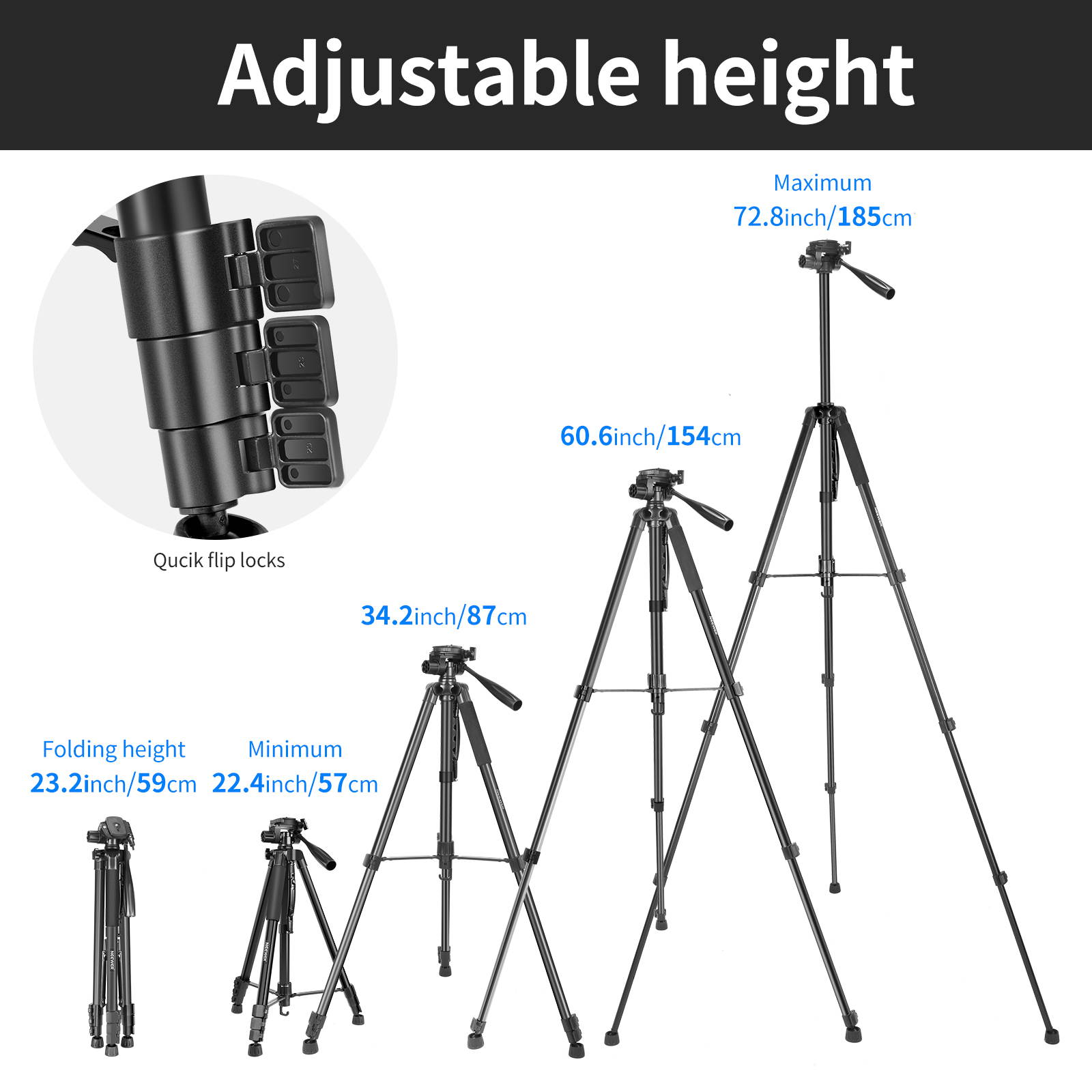 Neewer Camera Tripod, 2-in-1 Aluminum Alloy Tripod Monopod, Max. 72.8""/185 cm with 3-Way Swivel Pan Head, Phone Clip, Wireless Selfie  
Remote and Carrying Bag for DSLR Camera, DV Video Camcorder