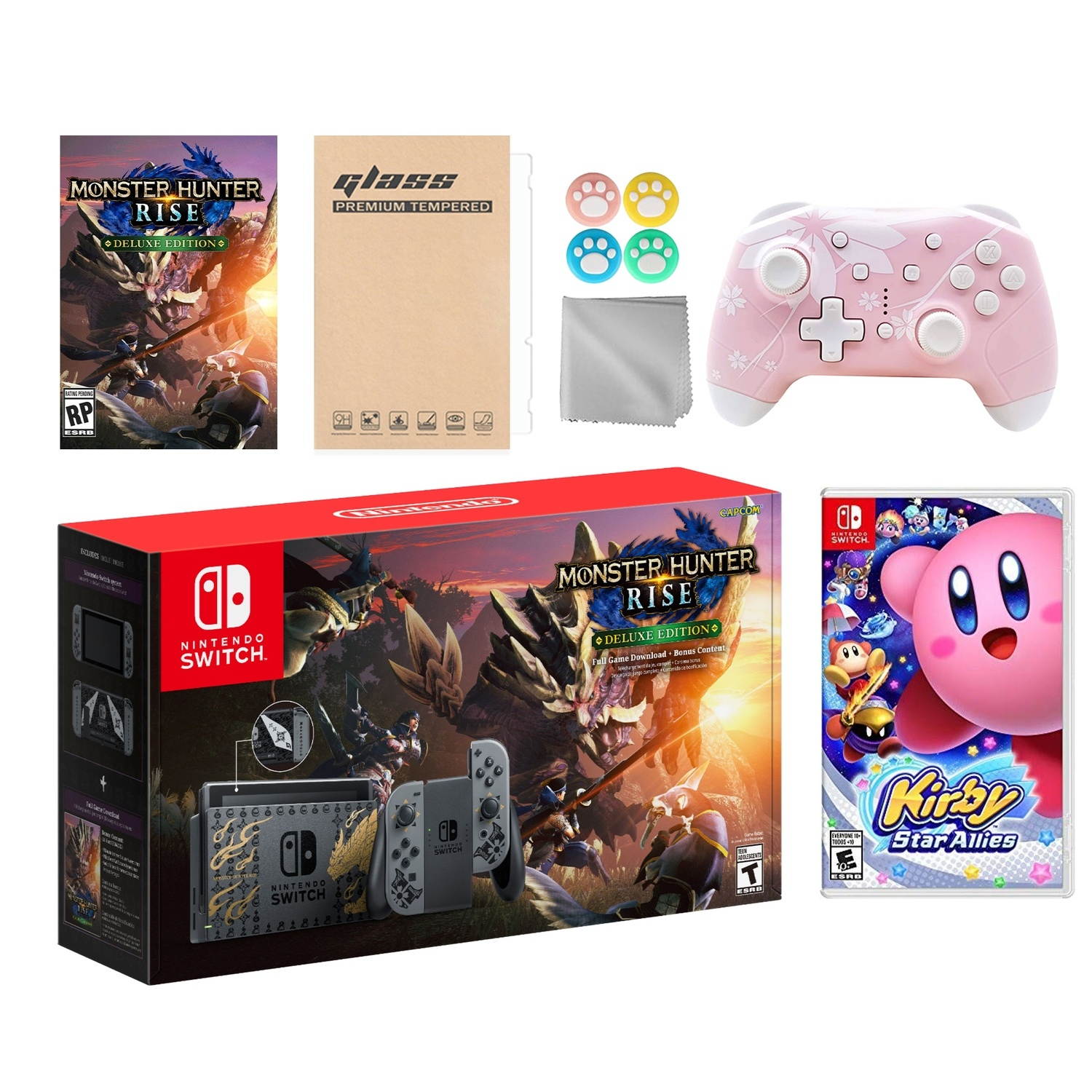 Nintendo Switch Monster Hunter Limited Console Set Plus Monster Hunter Rise Deluxe Edition, Bundle With Kirby Star Allies And Mytrix Wireless Switch Pro Controller and Accessories