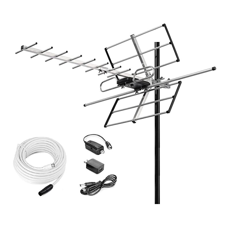 Digital Amplified Outdoor HDTV Antenna - 120 Miles Range - Built-in Amplifier - Performance in UHF/VHF - 40 feet RG6 Coax Cable - Tools Free Installation