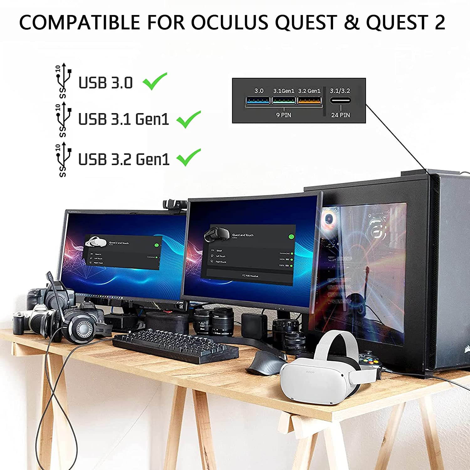 for Oculus Quest Link Cable 16ft, Fiber-Optic USB 3.2 Gen1 5Gbps USB 3.0 to USB C High Speed Data Transfer & 3A Fast Charger Cord Nylon Braided Compatible for Quest 2 and Quest VR Headset to Gaming PC