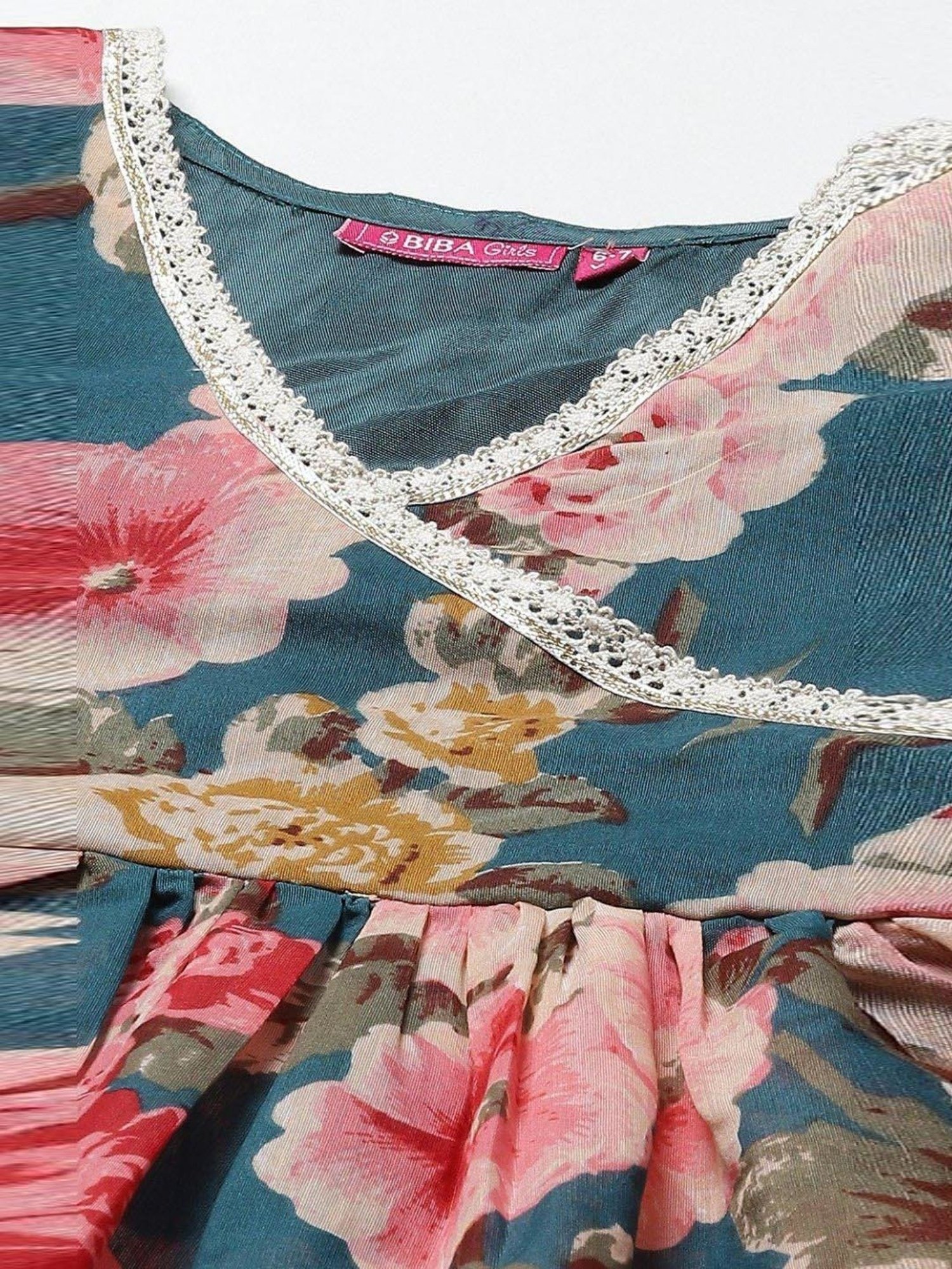 Biba Kids Teal Blue & Pink Floral Print Kurta Set