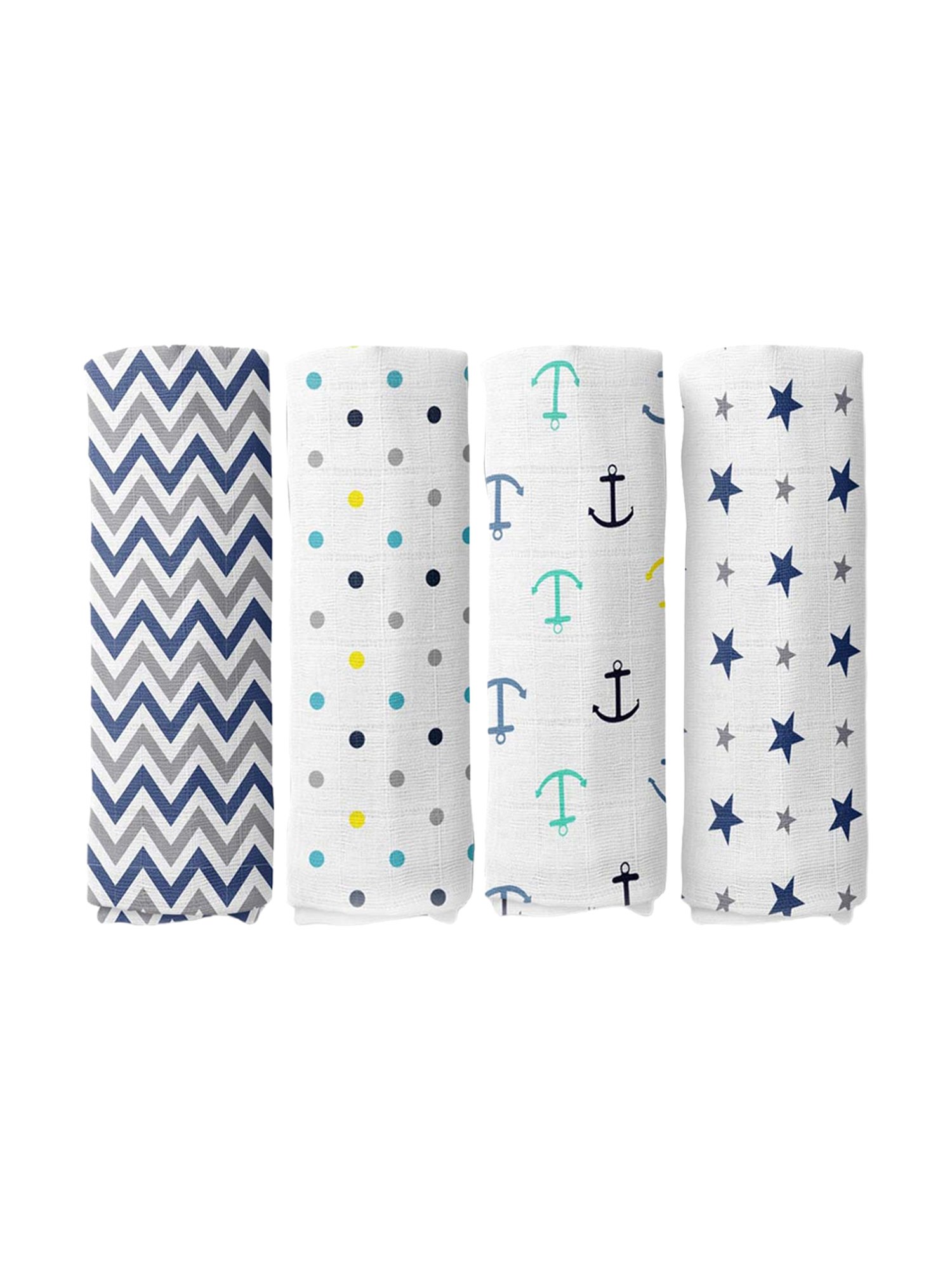 Haus & Kinder Printed Blue 40 TC Cotton New Born Swaddle Wrap - Set of 4