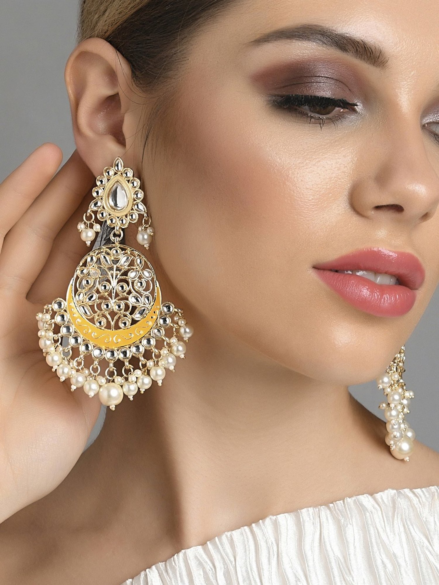 Fida Meenakari Yellow and Pearl White Dangler Earrings