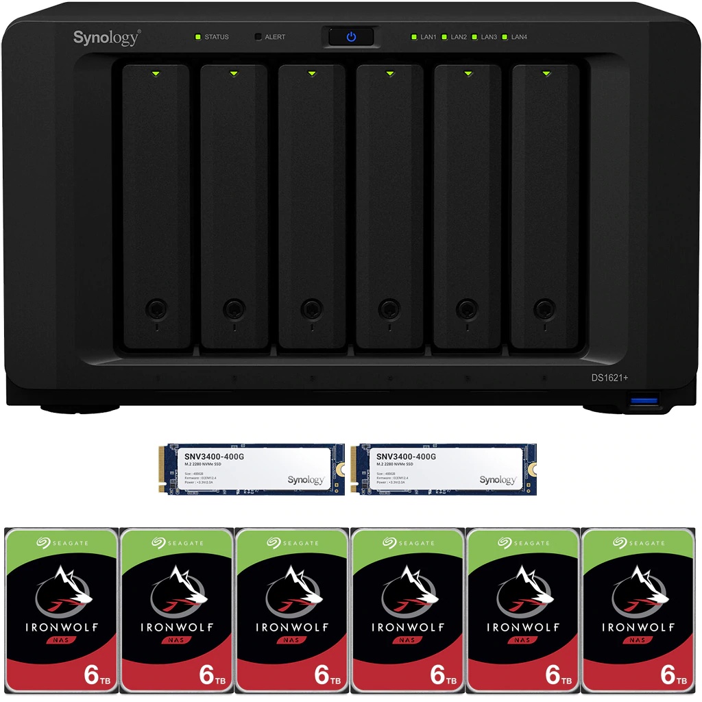 Synology DS1621+ DiskStation with 8GB RAM and 12TB (6 x 2TB) of Seagate Ironwolf NAS Drives and 800GB (2x400GB) NVME Cache Fully Assembled and Tested By CustomTechSales