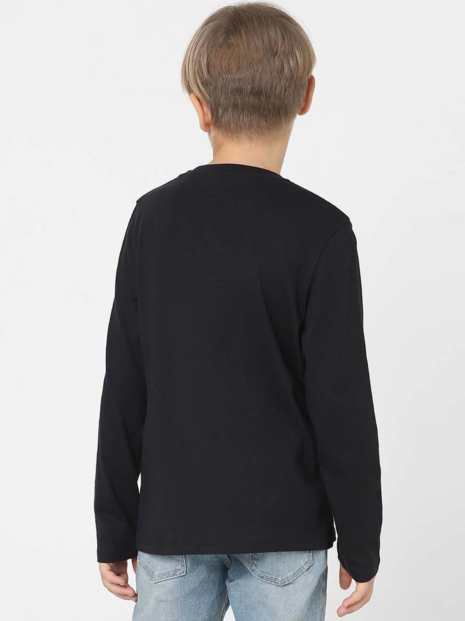 Jack & Jones Junior Boys Black & White Cotton Printed Full Sleeves T-Shirt