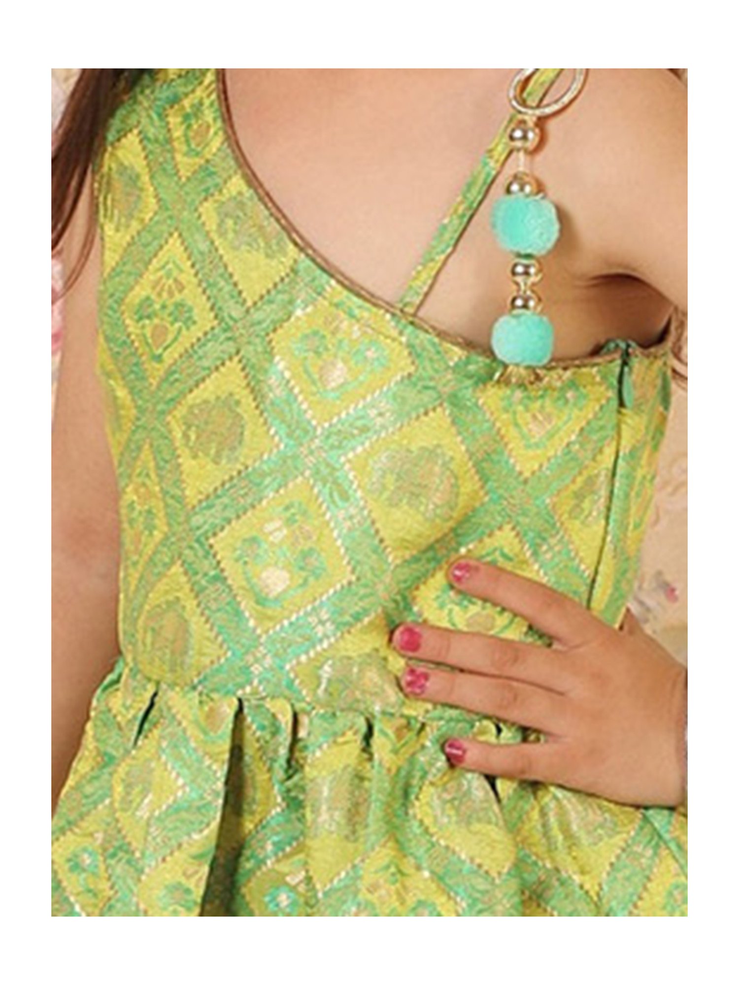 TWISHA Kids Green & Orange Self Design Top with Ghagra
