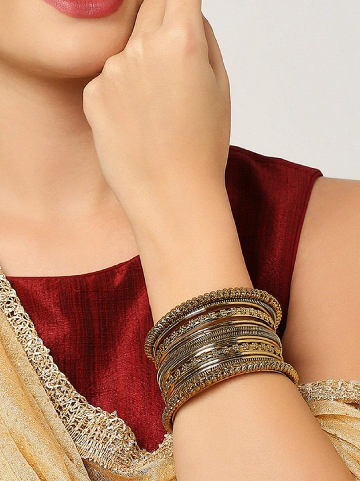 Oomph Antique Gold Bangles - Set of 16