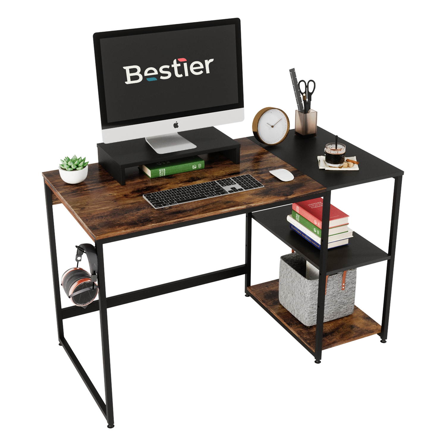 Bestier 55 Inch Home Desks with Monitor Stand & Storage Shelves, Sturdy Rustic Desk, Home Office Laptop Desk, Easy to Assemble, Rustic Brown & Black