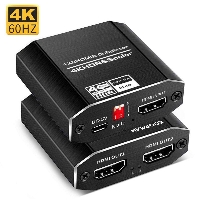 HDMI Splitter 1 in 2 Out - EULAN Full HD 1080P 3D 4K HDMI Switch HDMI2.0b Splitter Support 3840x2160@60Hz, HDCP2.2, RGB 4:4:4, 18.5Gbps, Auto Scaling