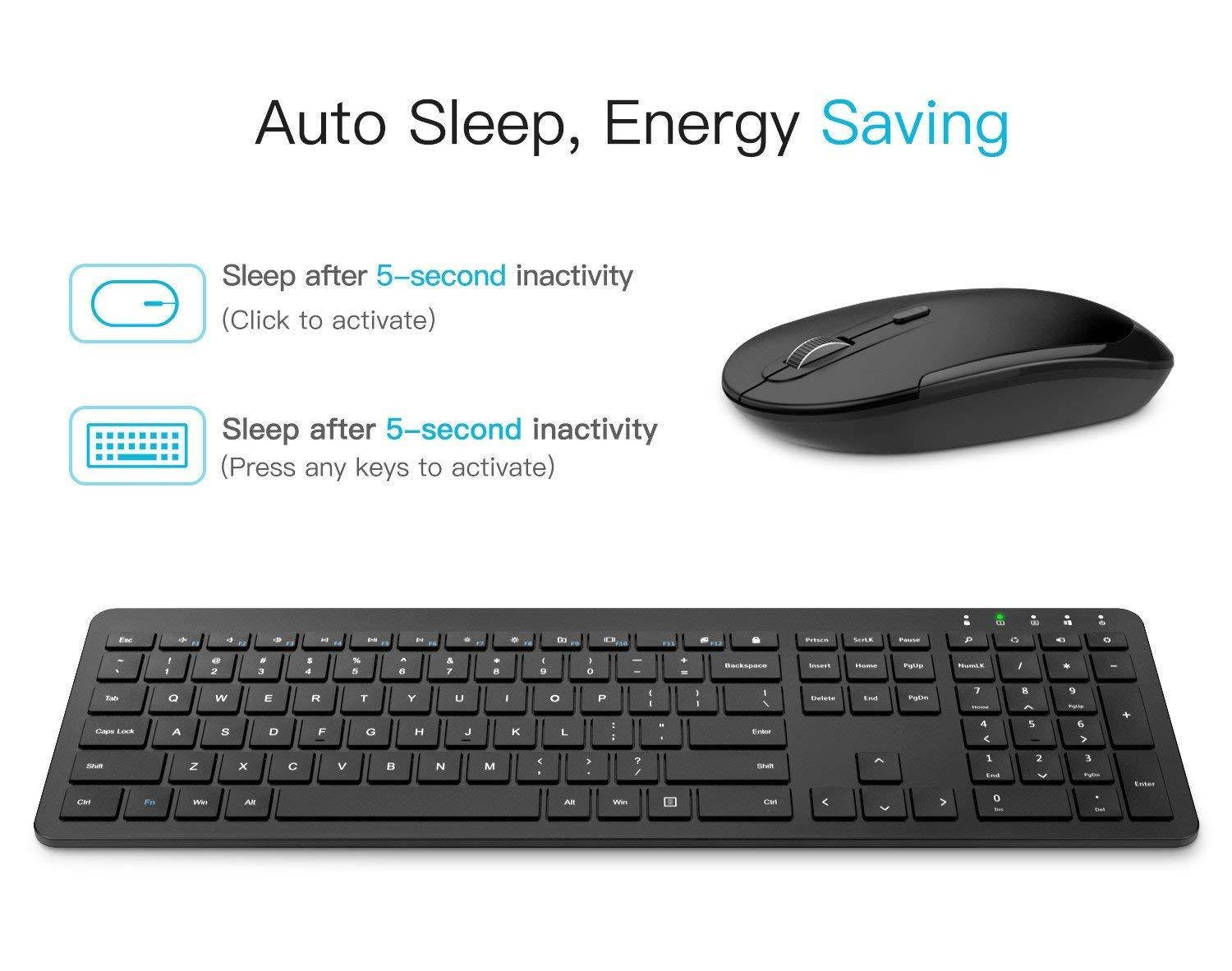 MoKo Slim Keyboard and Mouse Set, Ultra-thin 2.4G Light Full-Size Wireless Keyboard & Mouse Combo with Nano USB Receiver for Android, Windows, Laptop, Desktop, PC, Notebook, Computer - Black