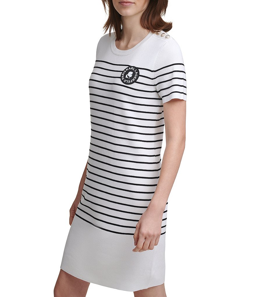 KARL LAGERFELD PARIS Short Sleeve Stripe Crew Neck Sweater Dress