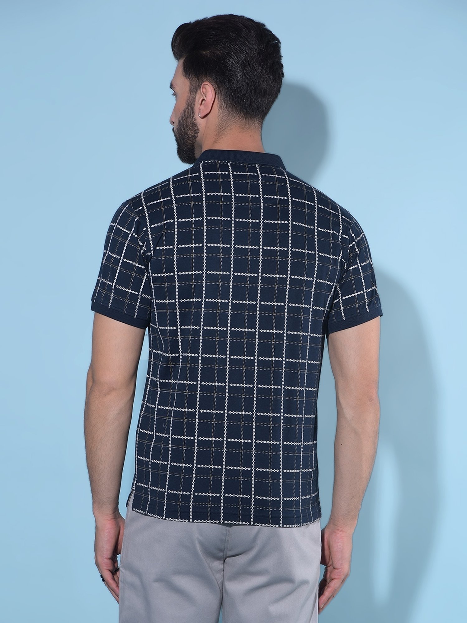 Crimsoune Club Navy Blue Cotton Slim Fit Checks Polo T-Shirt